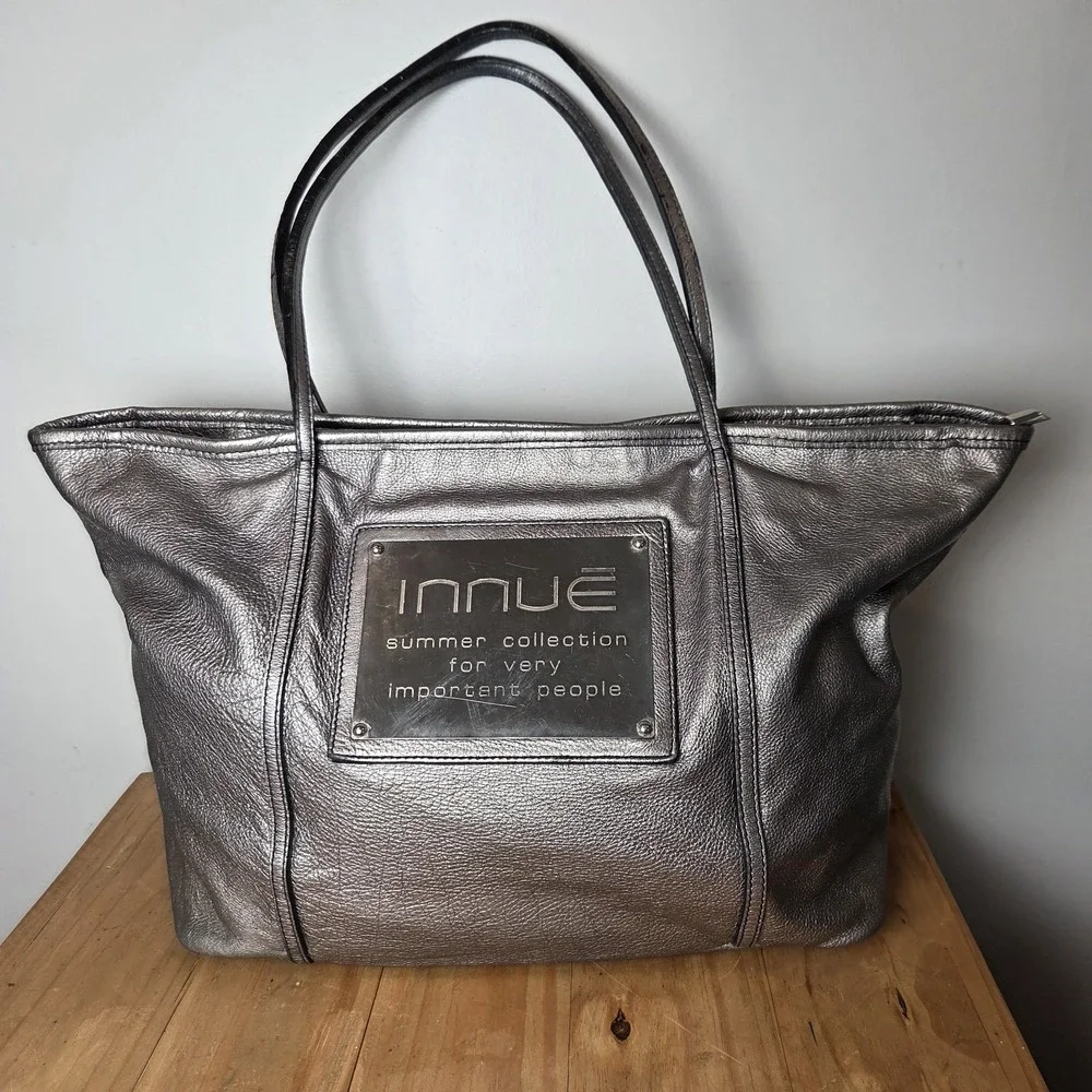 Innue Metallic Gunmetal Leather Tote Bag Made in Italy Y2K Large Shoulder Purse